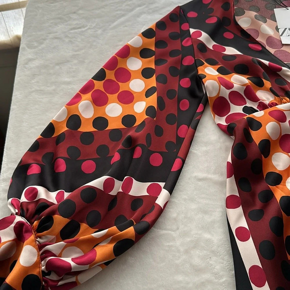 ZARA Retro 70s MIDI Dress Satin Effect Polka Dot Earth Tones, Size Small NWT - Picture 14 of 16